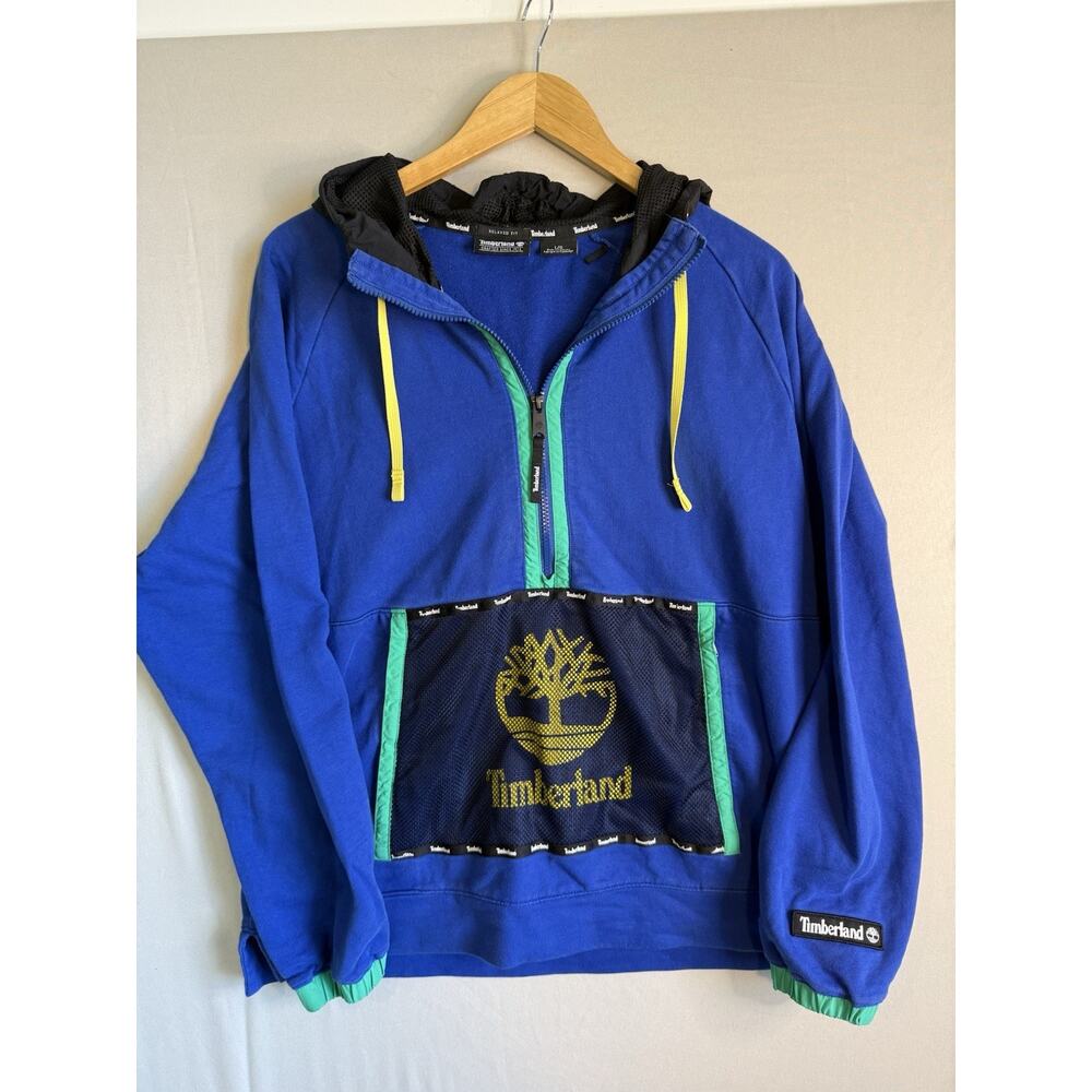 Timberland Men's Half Zip Mesh Pocket Blue/Green Pullover Drawstring Hoodie Sz L